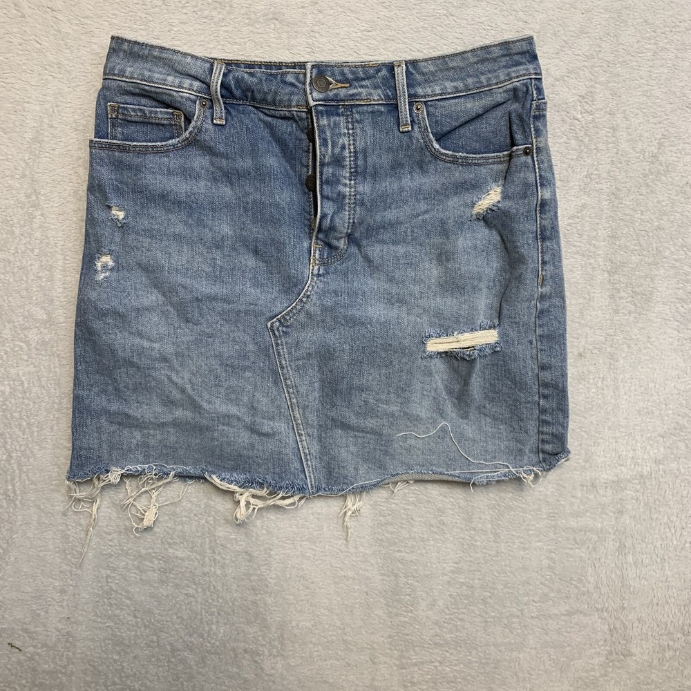 Old Navy Denim Mini Skirt Womens 8 Blue Excellent Distressed Raw Hem Button Fly